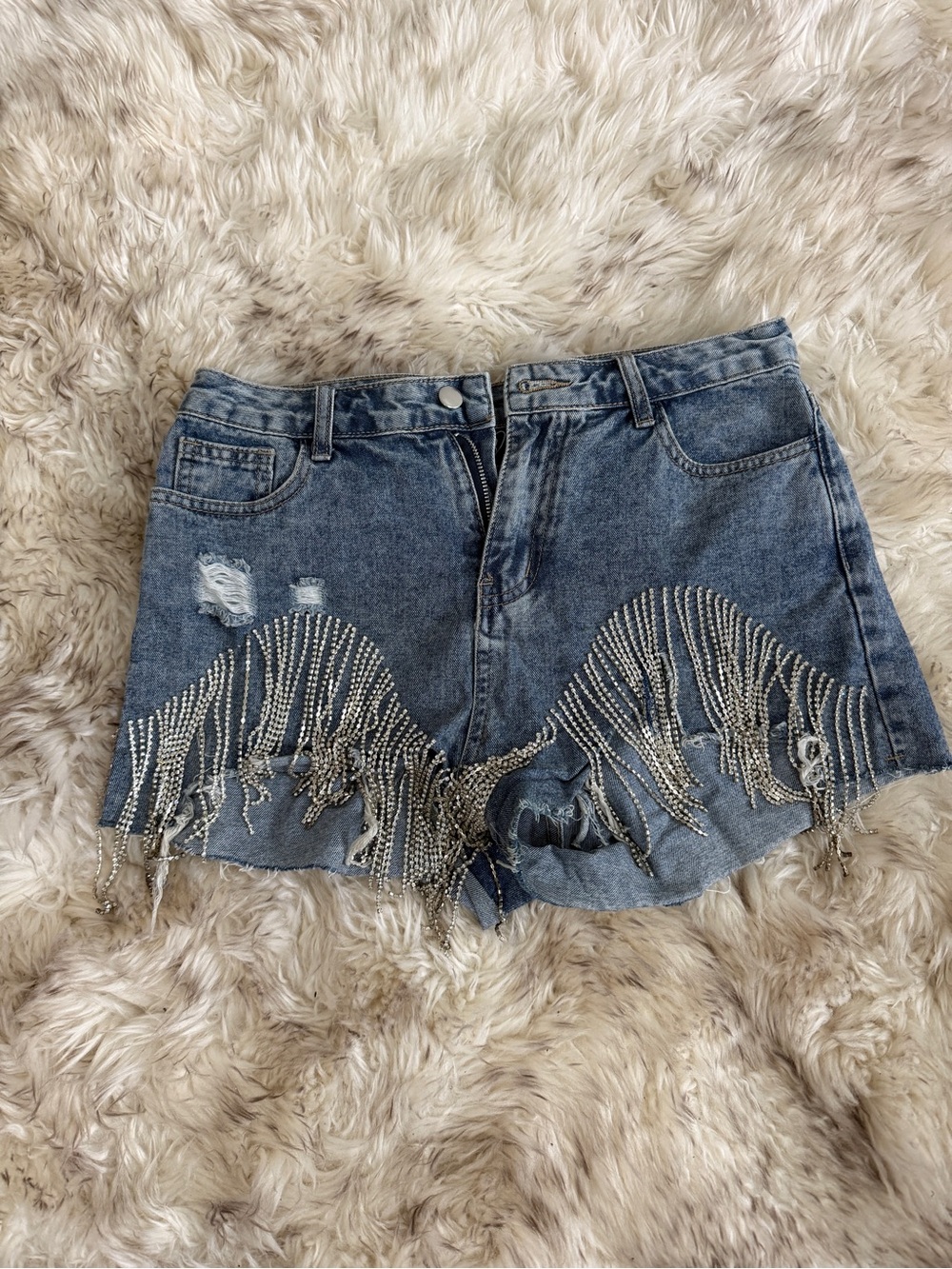 Windsor Silver Fringe Distressed Denim Shorts - Blue
